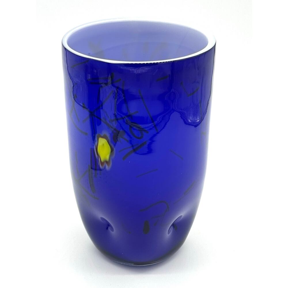 Vintage Cobalt Eastern Vase Swirl Pattern Multicolor w White Opaline Interior